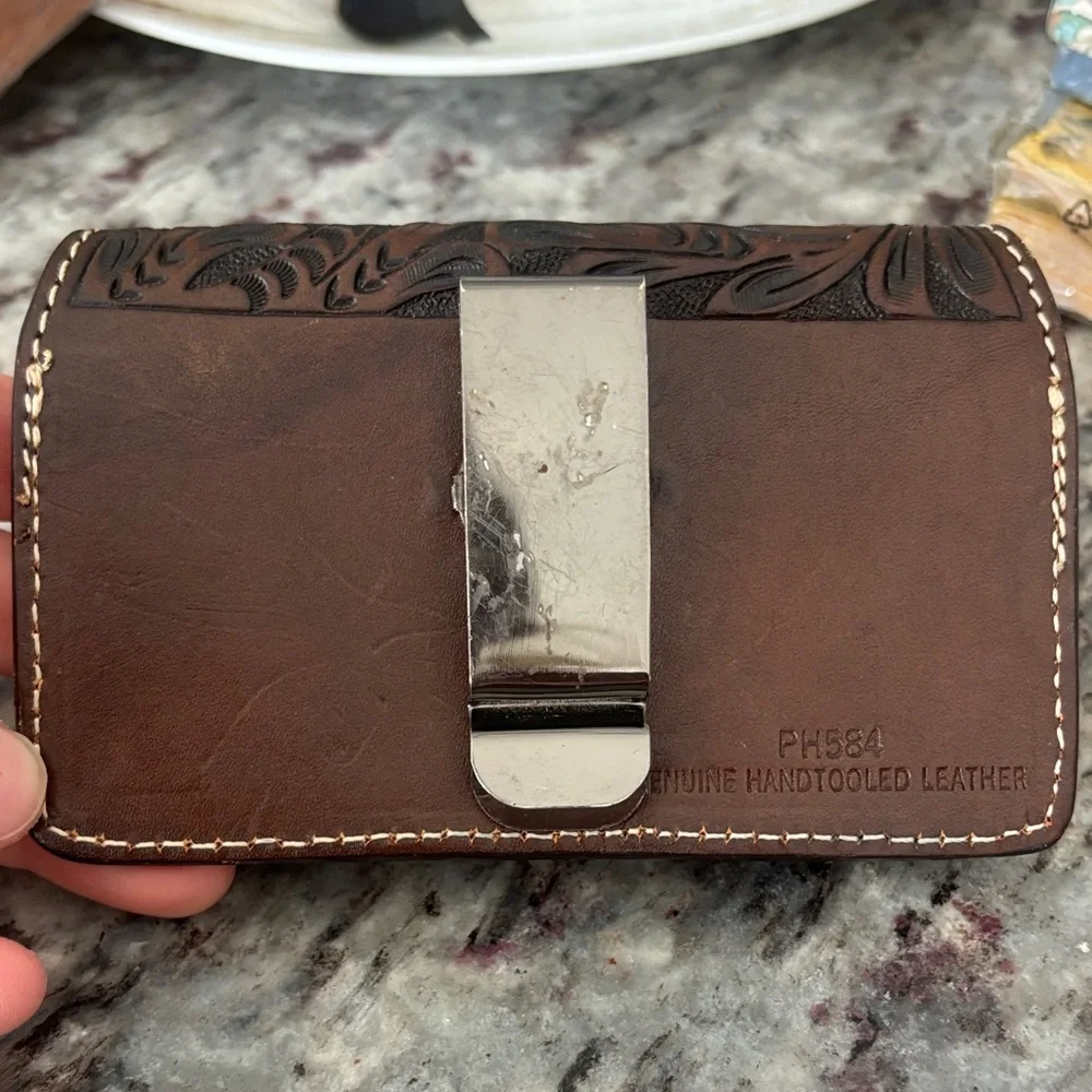 Hand-Tooled Floral Leather belt cell/beeper holder - Dark Brown